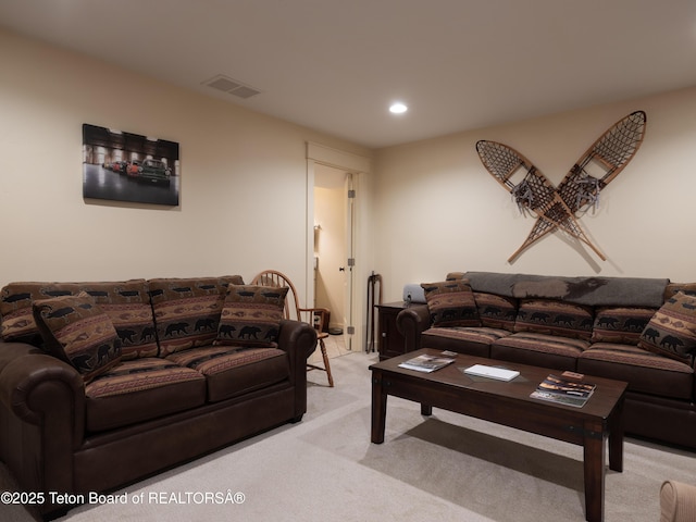 70 Baywood Dr, Driggs, ID 83422 - living room featuring light carpet, visible vents, and recessed lighting