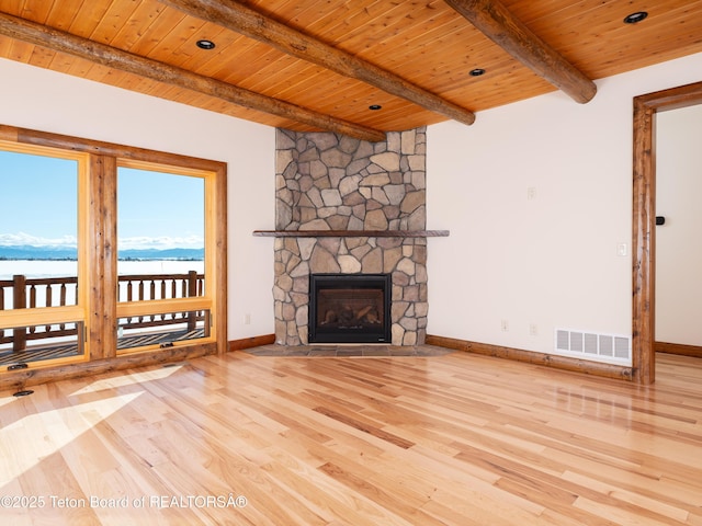 4660 Pale Morning Dr, Tetonia, ID 83452 - unfurnished living room featuring wood ceiling, visible vents, wood finished floors, and a stone fireplace
