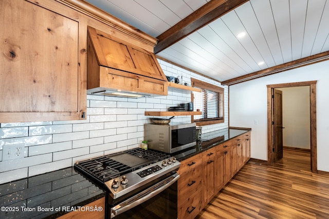 kitchen featuring light wood finished floors, tasteful backsplash, custom exhaust hood, stainless steel appliances, and open shelves