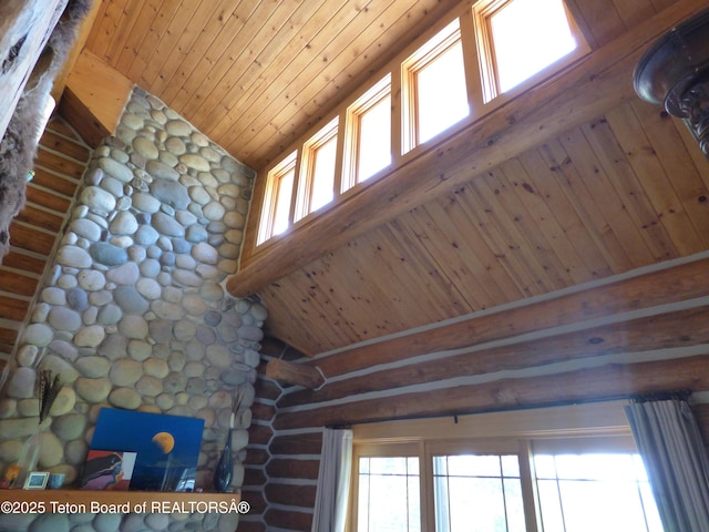 details featuring wood ceiling and log walls