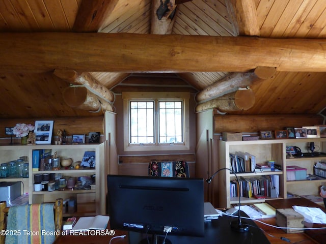 office space with lofted ceiling with beams, wooden ceiling, and log walls