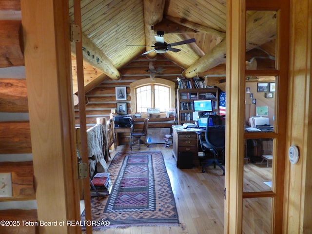 home office with lofted ceiling with beams, wooden ceiling, wood-type flooring, ceiling fan, and log walls