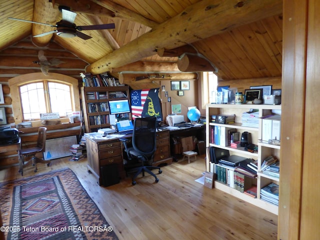 office space featuring rustic walls, lofted ceiling with beams, a ceiling fan, wood ceiling, and hardwood / wood-style flooring