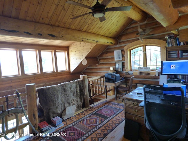 office featuring vaulted ceiling with beams, rustic walls, wooden ceiling, and a wealth of natural light