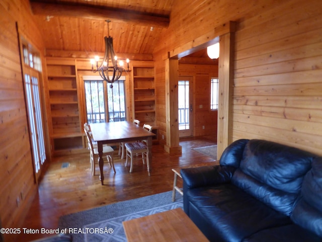 dining space featuring wood walls, wooden ceiling, a wealth of natural light, and an inviting chandelier