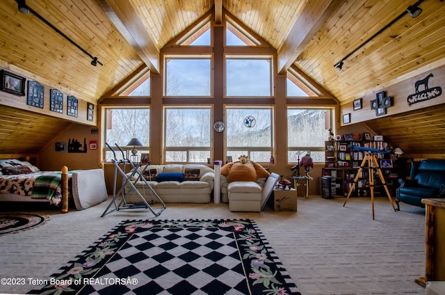 living area with wood ceiling, high vaulted ceiling, carpet flooring, and beamed ceiling