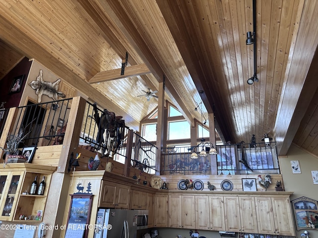 room details with wooden ceiling, ceiling fan, stainless steel appliances, and beamed ceiling