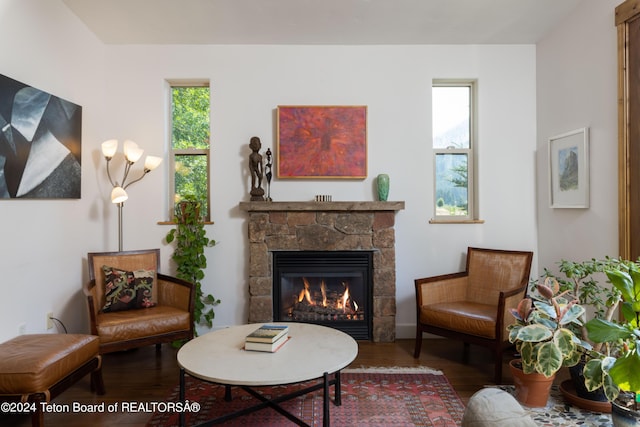 living area featuring a wealth of natural light, a fireplace, and wood finished floors