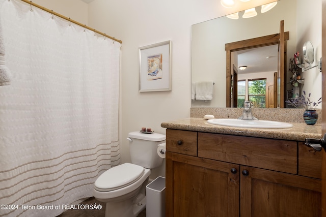 bathroom featuring toilet, a shower with curtain, and vanity