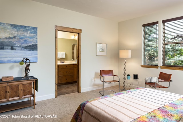 carpeted bedroom with connected bathroom and baseboards