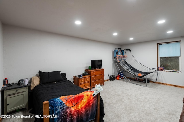 carpeted bedroom with baseboards and recessed lighting