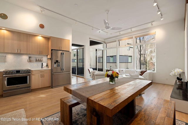 dining area with rail lighting and light wood finished floors