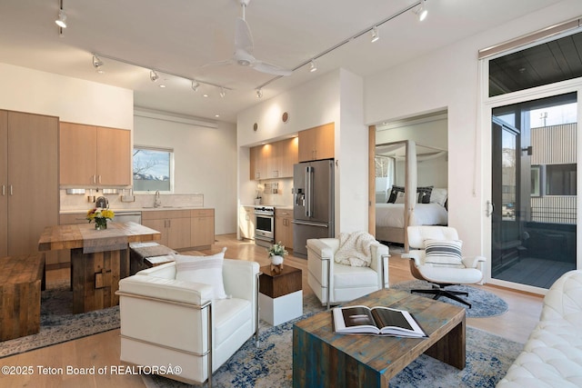 living area featuring light wood finished floors, a ceiling fan, and track lighting