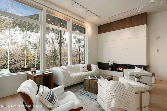 sunroom with a warm lit fireplace and rail lighting