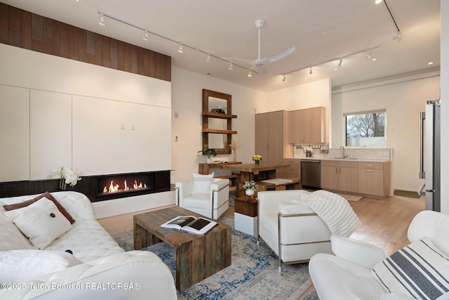 living area featuring a warm lit fireplace, track lighting, and light wood-style floors