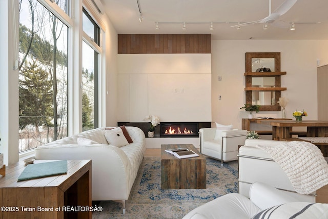 living area with plenty of natural light and a glass covered fireplace