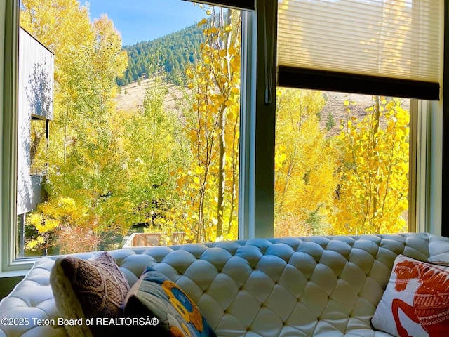 interior details featuring a forest view