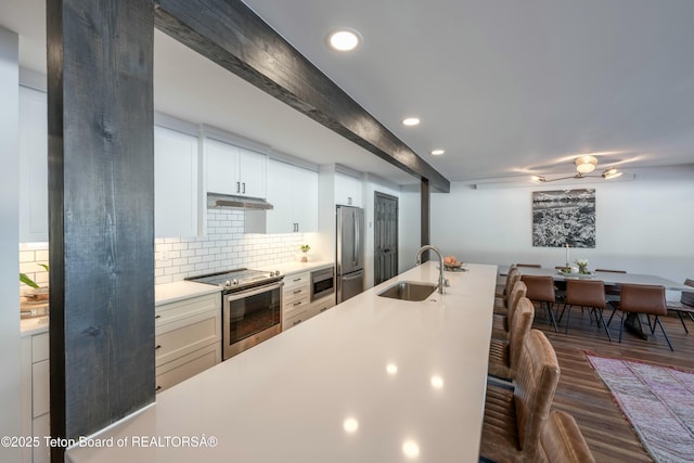 kitchen with under cabinet range hood, stainless steel appliances, a sink, dark wood-style floors, and tasteful backsplash