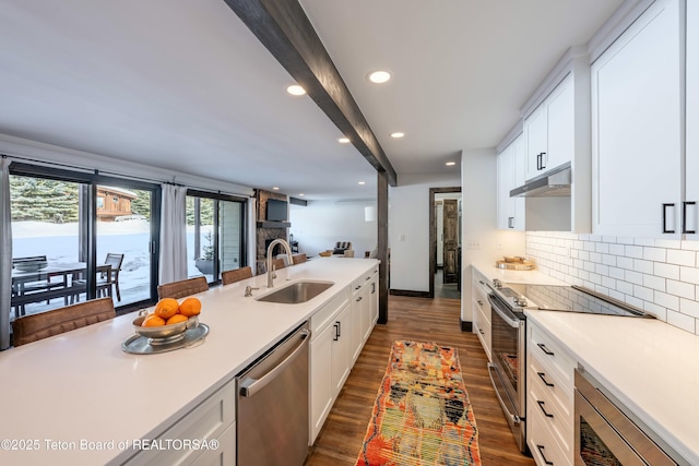 kitchen featuring stainless steel appliances, tasteful backsplash, light countertops, a sink, and under cabinet range hood