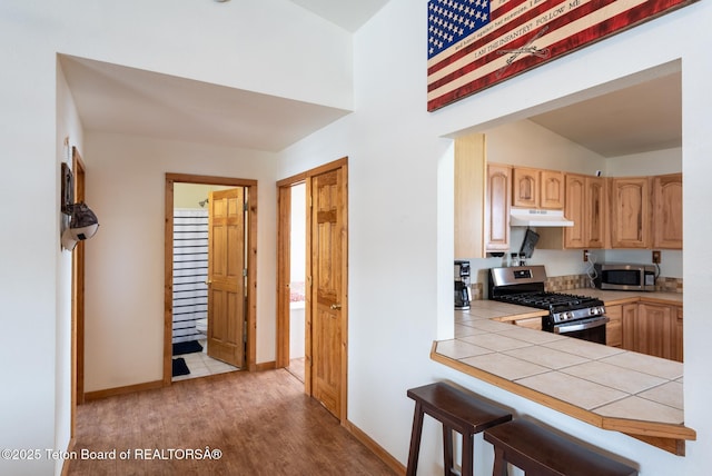 kitchen with tile countertops, light brown cabinetry, appliances with stainless steel finishes, and under cabinet range hood