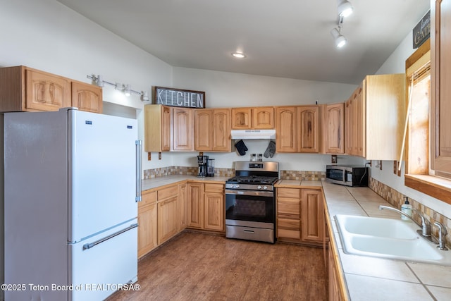 kitchen featuring tile countertops, stainless steel appliances, light brown cabinetry, a sink, and under cabinet range hood