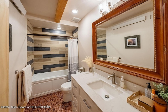 bathroom featuring vanity, visible vents, shower / bath combo, beamed ceiling, and toilet