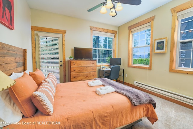 bedroom with access to exterior, a baseboard radiator, ceiling fan, and baseboards