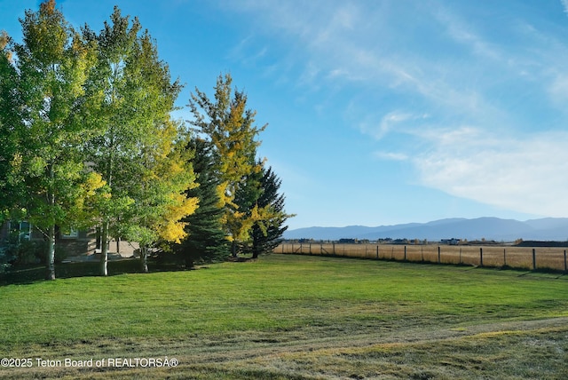 view of yard featuring a rural view, fence, and a mountain view