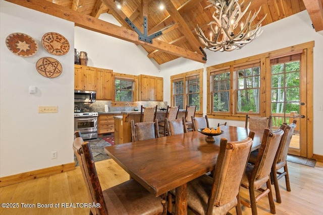 3102 W Arrowhead Rd, Teton Village, WY 83025 - dining space featuring a wooden ceiling with exposed beams, light wood-style flooring, a chandelier, and high vaulted ceiling