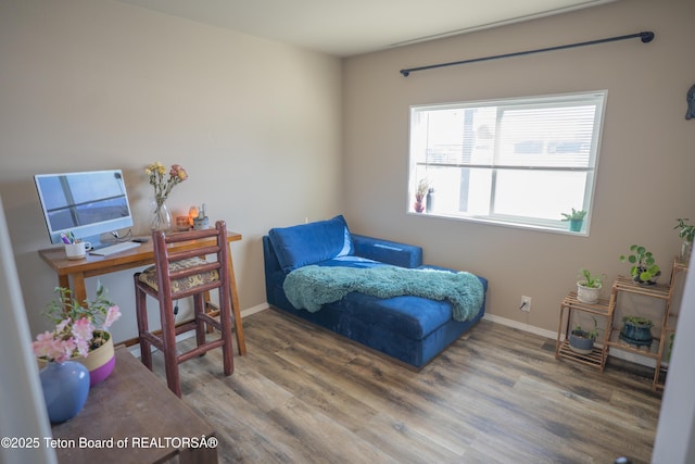 bedroom with baseboards and wood finished floors