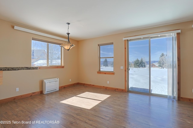 empty room featuring baseboards, heating unit, and wood finished floors