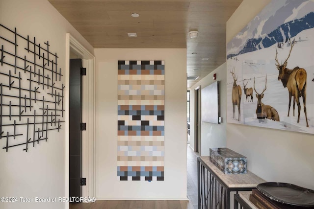 bathroom with wood ceiling