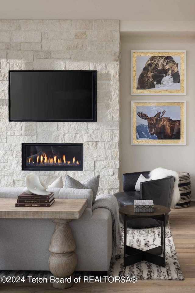 living room with wood finished floors and a fireplace