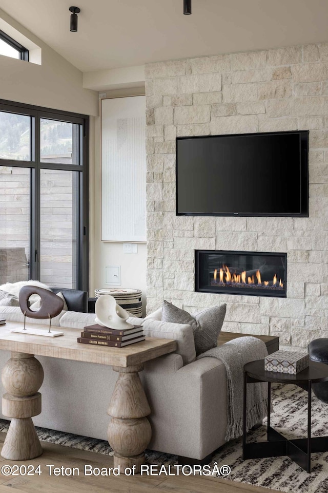 living room featuring a fireplace, lofted ceiling, and wood finished floors