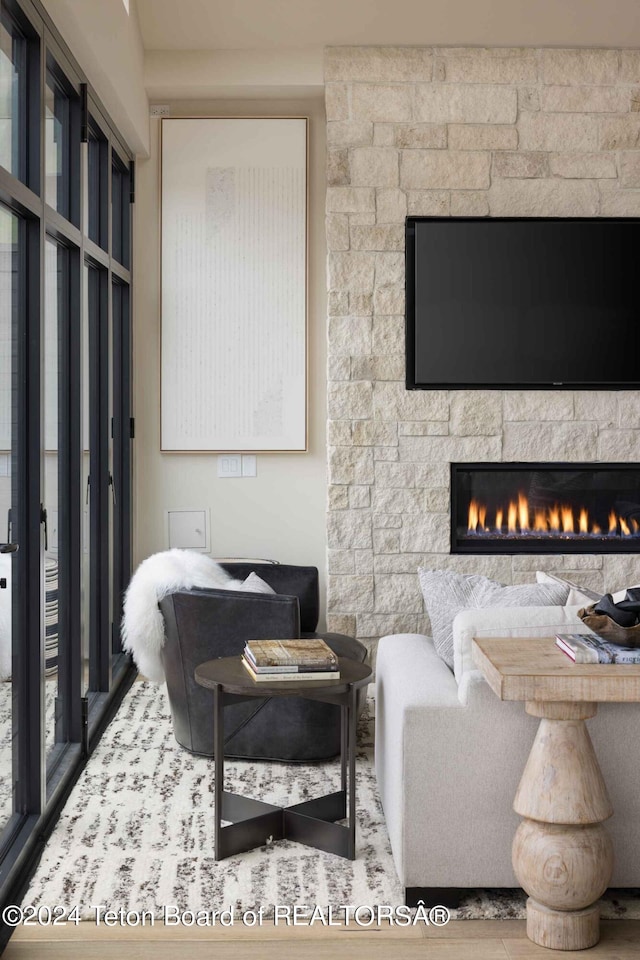 living room featuring a stone fireplace