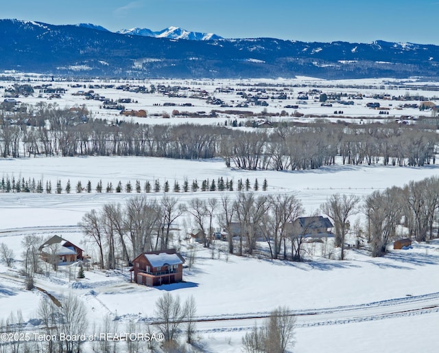 snowy aerial view featuring a mountain view