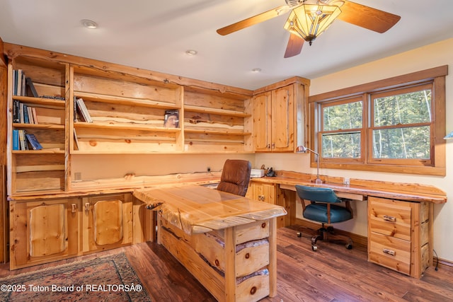 25640 Buffalo Run, Moran, WY 83013 - office with built in study area, dark wood-style flooring, a ceiling fan, recessed lighting, and log walls