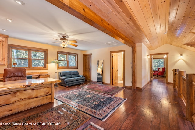25640 Buffalo Run, Moran, WY 83013 - living room with dark wood-type flooring, ceiling fan, lofted ceiling, and baseboards