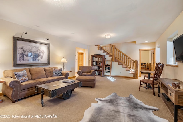 25640 Buffalo Run, Moran, WY 83013 - carpeted living room with stairway and baseboards