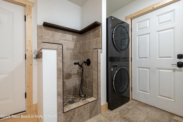 4535 Roxanne St, Tetonia, ID 83452 - full bathroom featuring stacked washer and clothes dryer and a walk in shower