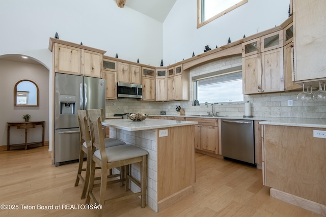 4535 Roxanne St, Tetonia, ID 83452 - kitchen featuring stainless steel appliances, a sink, light wood-type flooring, decorative backsplash, and high vaulted ceiling