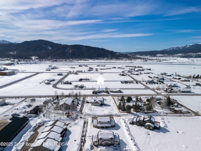snowy aerial view featuring a mountain view