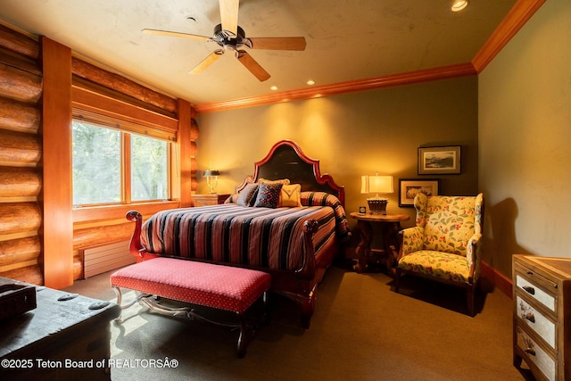1525 S Thunder Rd, Wilson, WY 83014 - carpeted bedroom featuring log walls, ornamental molding, recessed lighting, and a ceiling fan