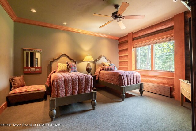 1525 S Thunder Rd, Wilson, WY 83014 - bedroom with carpet flooring, crown molding, recessed lighting, ceiling fan, and rustic walls