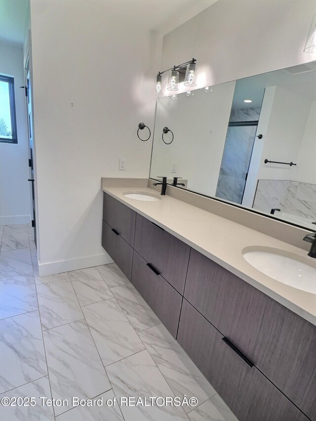 1714 River Meadows Dr, Victor, ID 83455 - full bathroom featuring marble look tile flooring, double vanity, and a shower stall