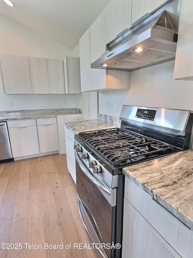 1714 River Meadows Dr, Victor, ID 83455 - kitchen featuring stainless steel appliances, under cabinet range hood, light wood-style flooring, modern cabinets, and lofted ceiling