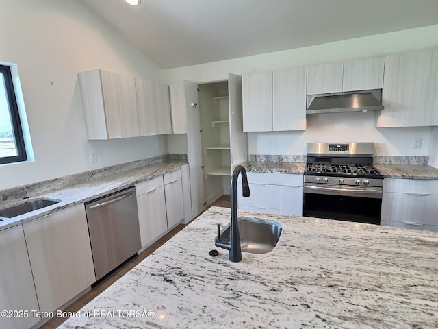 1714 River Meadows Dr, Victor, ID 83455 - kitchen with appliances with stainless steel finishes, range hood, modern cabinets, lofted ceiling, and light stone counters