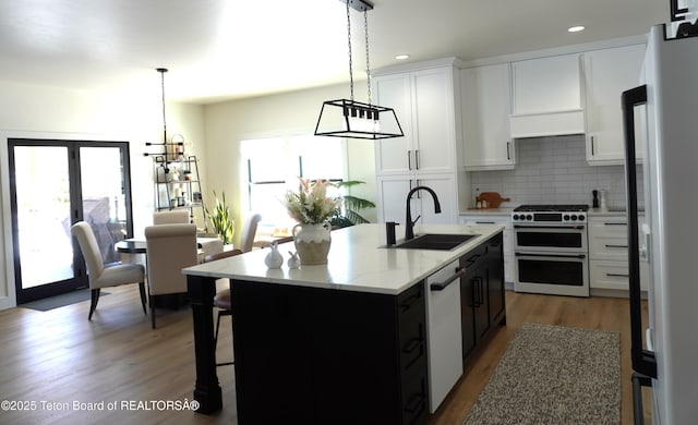 825 Mccoy Dr, Pinedale, WY 82941 - kitchen with range with two ovens, a sink, dishwasher, light wood-type flooring, and decorative backsplash