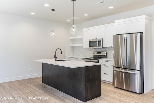 650 Stone Peak Loop, Driggs, ID 83422 - kitchen featuring white cabinets, stainless steel appliances, open shelves, a sink, and light wood-style floors