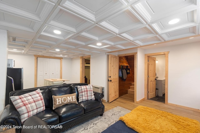 living area featuring baseboards, recessed lighting, coffered ceiling, and light wood finished floors